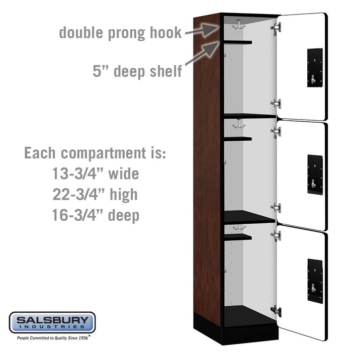 Salsbury 15" Wide Triple Tier Designer Wood Locker - 1 Wide - 6 Feet High - 18 Inches Deep - Mahogany - Silver Electronic Locks - Sweatfully