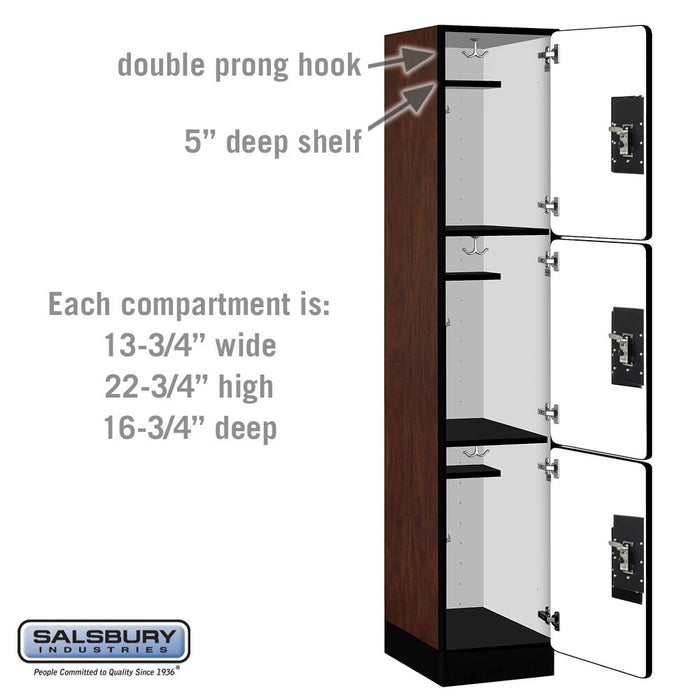 Salsbury 15" Wide Triple Tier Designer Wood Locker - 1 Wide - 6 Feet High - 18 Inches Deep - Mahogany - Silver Resettable Combination Locks - Sweatfully