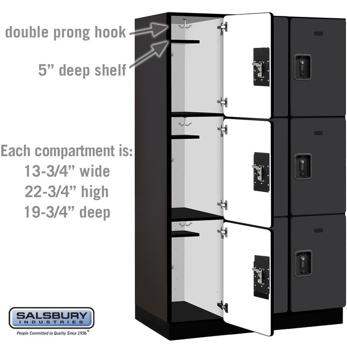 Salsbury 15" Wide Triple Tier Designer Wood Locker - 3 Wide - 6 Feet High - 21 Inches Deep - Black - Black Resettable Combination Locks - Sweatfully