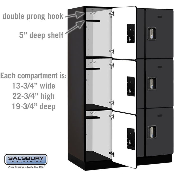 Salsbury 15" Wide Triple Tier Designer Wood Locker - 3 Wide - 6 Feet High - 21 Inches Deep - Black - Silver Electronic Locks - Sweatfully