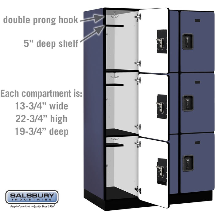 Salsbury 15" Wide Triple Tier Designer Wood Locker - 3 Wide - 6 Feet High - 21 Inches Deep - Blue - Black Resettable Combination Locks - Sweatfully