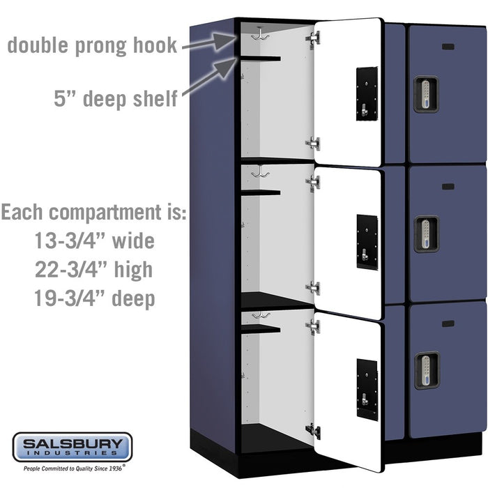 Salsbury 15" Wide Triple Tier Designer Wood Locker - 3 Wide - 6 Feet High - 21 Inches Deep - Blue - Silver Electronic Locks - Sweatfully