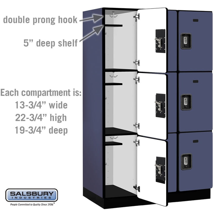 Salsbury 15" Wide Triple Tier Designer Wood Locker - 3 Wide - 6 Feet High - 21 Inches Deep - Blue - Silver Resettable Combination Locks - Sweatfully