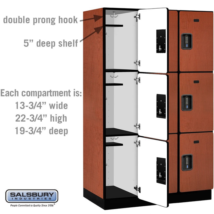 Salsbury 15" Wide Triple Tier Designer Wood Locker - 3 Wide - 6 Feet High - 21 Inches Deep - Cherry - Black Electronic Locks - Sweatfully