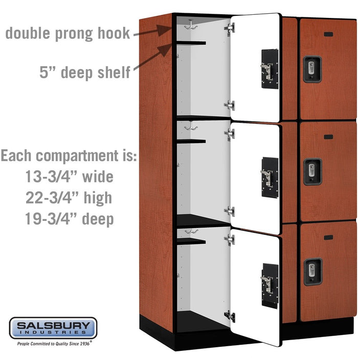 Salsbury 15" Wide Triple Tier Designer Wood Locker - 3 Wide - 6 Feet High - 21 Inches Deep - Cherry - Silver Resettable Combination Locks - Sweatfully