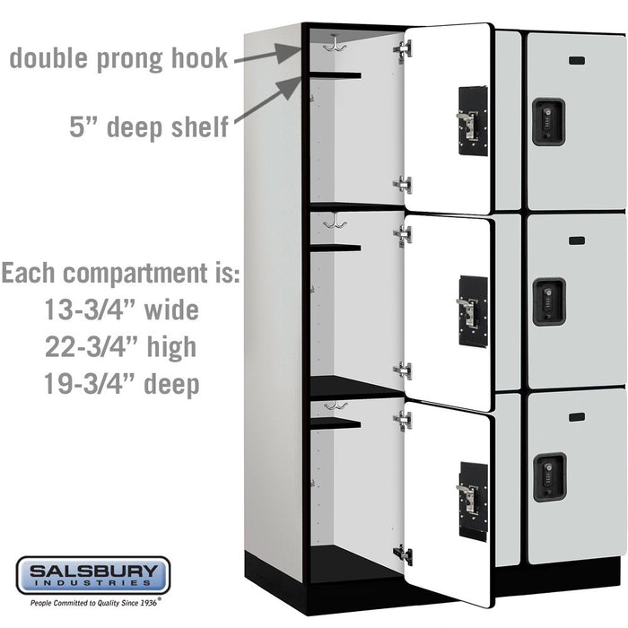 Salsbury 15" Wide Triple Tier Designer Wood Locker - 3 Wide - 6 Feet High - 21 Inches Deep - Gray - Black Resettable Combination Locks - Sweatfully