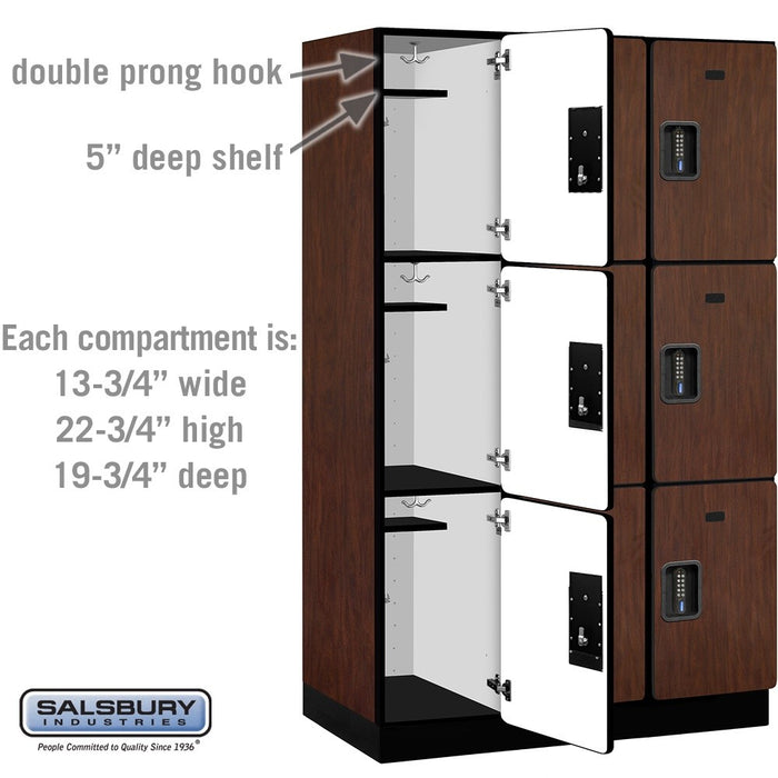 Salsbury 15" Wide Triple Tier Designer Wood Locker - 3 Wide - 6 Feet High - 21 Inches Deep - Mahogany - Black Electronic Locks - Sweatfully