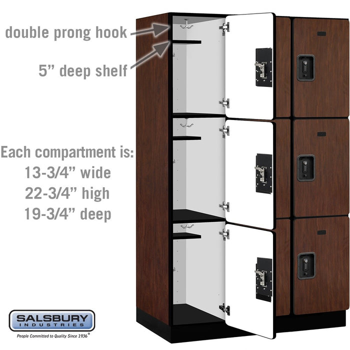 Salsbury 15" Wide Triple Tier Designer Wood Locker - 3 Wide - 6 Feet High - 21 Inches Deep - Mahogany - Black Resettable Combination Locks - Sweatfully
