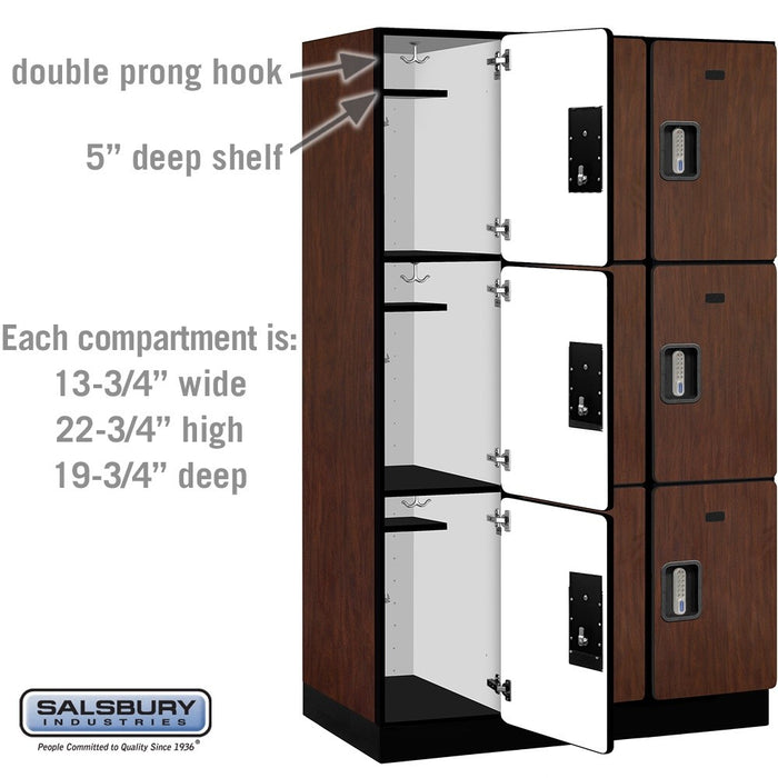 Salsbury 15" Wide Triple Tier Designer Wood Locker - 3 Wide - 6 Feet High - 21 Inches Deep - Mahogany - Silver Electronic Locks - Sweatfully