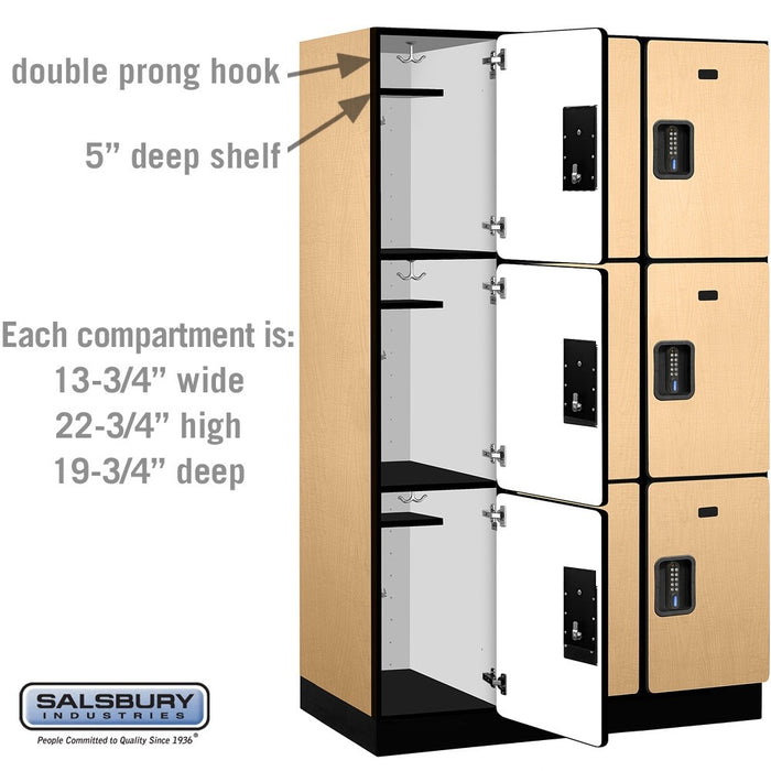Salsbury 15" Wide Triple Tier Designer Wood Locker - 3 Wide - 6 Feet High - 21 Inches Deep - Maple - Black Electronic Locks - Sweatfully