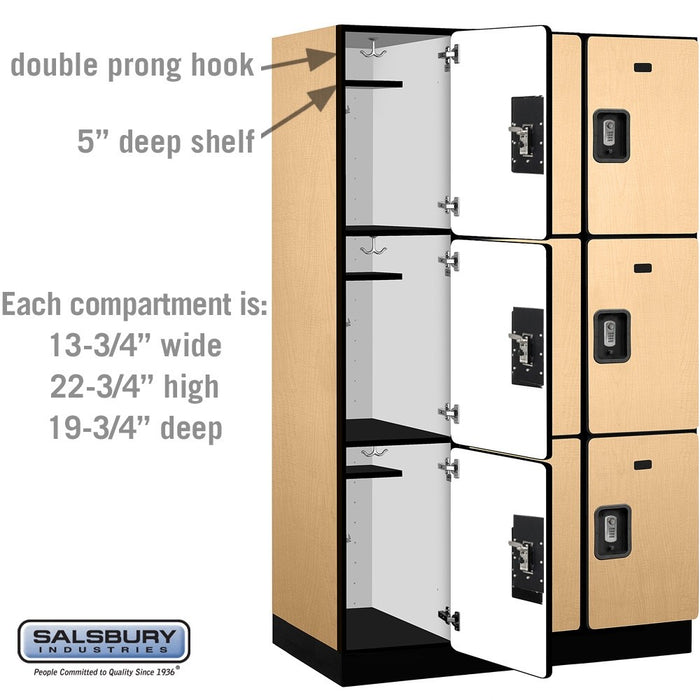 Salsbury 15" Wide Triple Tier Designer Wood Locker - 3 Wide - 6 Feet High - 21 Inches Deep - Maple - Silver Resettable Combination Locks - Sweatfully