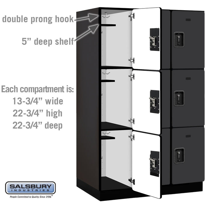 Salsbury 15" Wide Triple Tier Designer Wood Locker - 3 Wide - 6 Feet High - 24 Inches Deep - Black - Black Resettable Combination Locks - Sweatfully