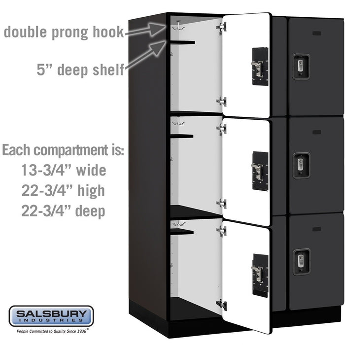 Salsbury 15" Wide Triple Tier Designer Wood Locker - 3 Wide - 6 Feet High - 24 Inches Deep - Black - Silver Resettable Combination Locks - Sweatfully