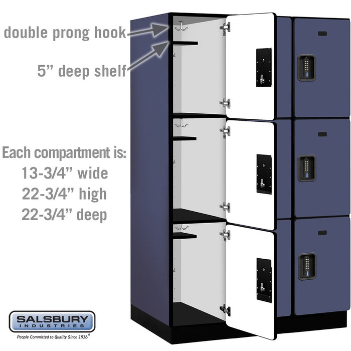 Salsbury 15" Wide Triple Tier Designer Wood Locker - 3 Wide - 6 Feet High - 24 Inches Deep - Blue - Black Electronic Locks - Sweatfully
