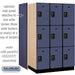 Salsbury 15" Wide Triple Tier Designer Wood Locker - 3 Wide - 6 Feet High - 24 Inches Deep - Blue - Black Resettable Combination Locks - Sweatfully