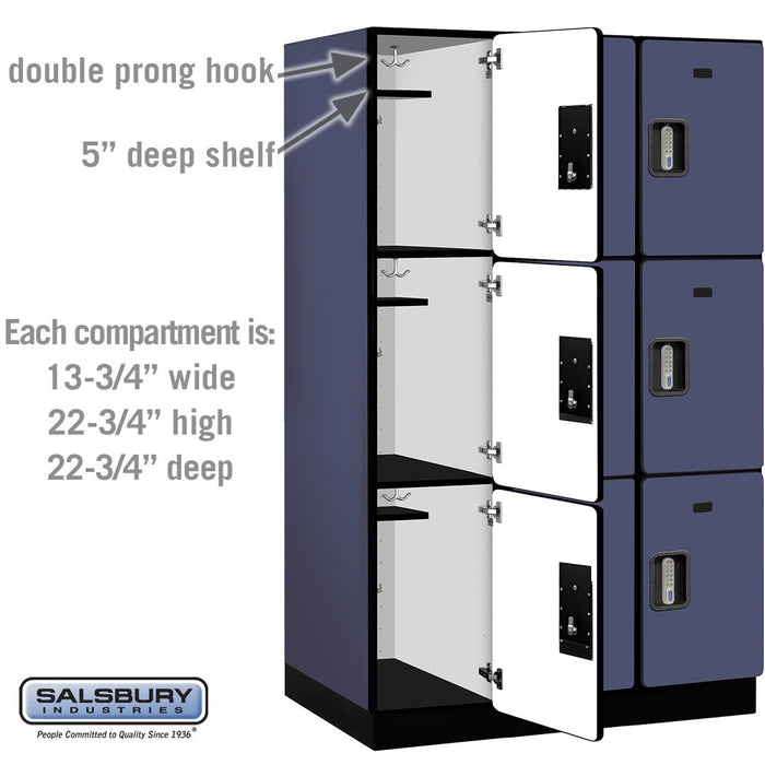 Salsbury 15" Wide Triple Tier Designer Wood Locker - 3 Wide - 6 Feet High - 24 Inches Deep - Blue - Silver Electronic Locks - Sweatfully