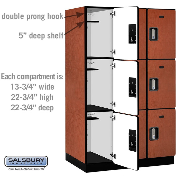 Salsbury 15" Wide Triple Tier Designer Wood Locker - 3 Wide - 6 Feet High - 24 Inches Deep - Cherry - Silver Electronic Locks - Sweatfully