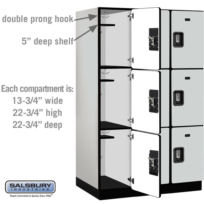 Salsbury 15" Wide Triple Tier Designer Wood Locker - 3 Wide - 6 Feet High - 24 Inches Deep - Gray - Silver Resettable Combination Locks - Sweatfully