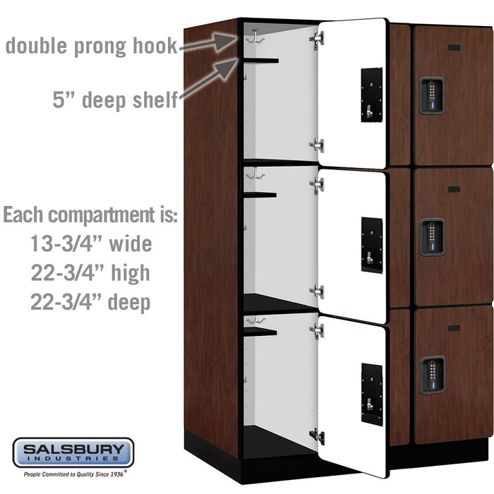 Salsbury 15" Wide Triple Tier Designer Wood Locker - 3 Wide - 6 Feet High - 24 Inches Deep - Mahogany - Black Electronic Locks - Sweatfully