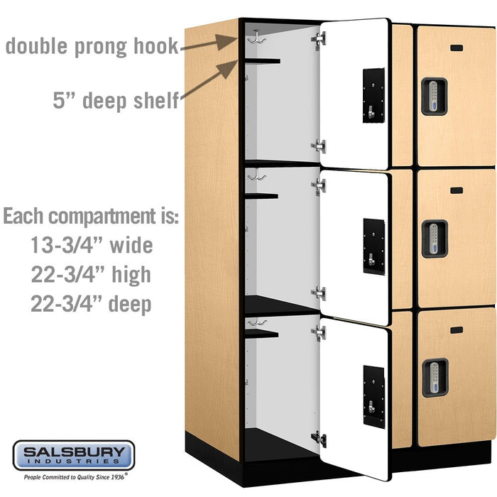 Salsbury 15" Wide Triple Tier Designer Wood Locker - 3 Wide - 6 Feet High - 24 Inches Deep - Maple - Silver Electronic Locks - Sweatfully