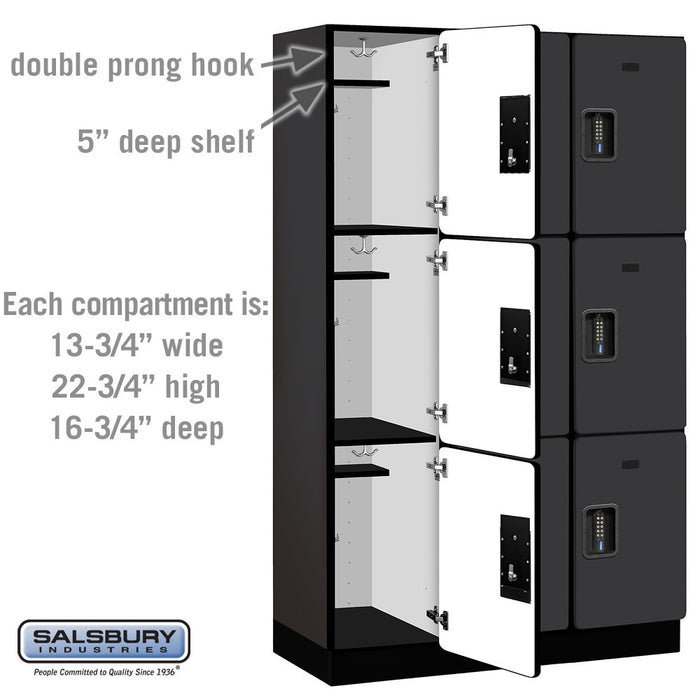 Salsbury 15" Wide Triple Tier Designer Wood Locker - 3 Wide - 6 Feet High - 18 Inches Deep - Black - Black Electronic Locks - Sweatfully