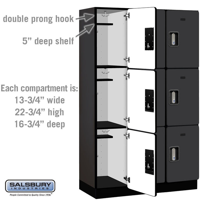 Salsbury 15" Wide Triple Tier Designer Wood Locker - 3 Wide - 6 Feet High - 18 Inches Deep - Black - Silver Electronic Locks - Sweatfully