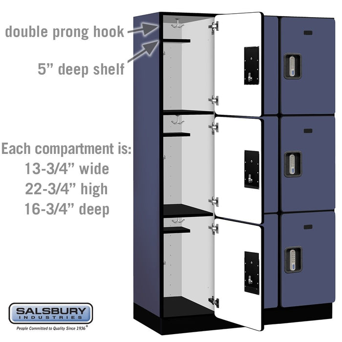 Salsbury 15" Wide Triple Tier Designer Wood Locker - 3 Wide - 6 Feet High - 18 Inches Deep - Blue - Silver Electronic Locks - Sweatfully