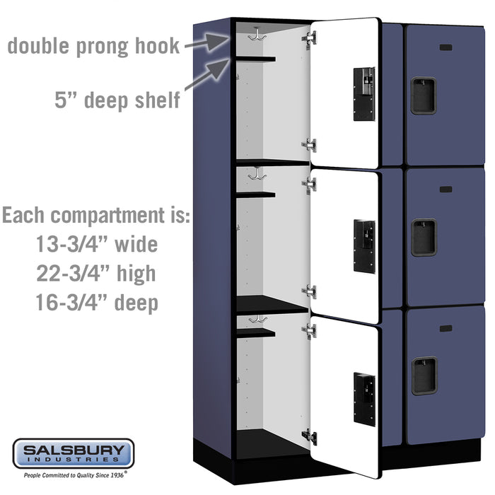 Salsbury 15" Wide Triple Tier Designer Wood Locker - 3 Wide - 6 Feet High - 18 Inches Deep - Blue - Hasps - Sweatfully