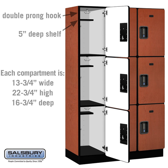 Salsbury 15" Wide Triple Tier Designer Wood Locker - 3 Wide - 6 Feet High - 18 Inches Deep - Cherry - Black Electronic Locks - Sweatfully