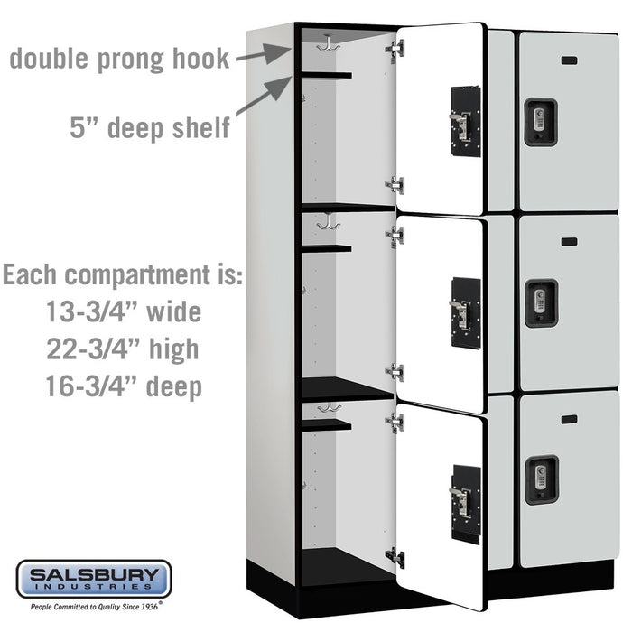 Salsbury 15" Wide Triple Tier Designer Wood Locker - 3 Wide - 6 Feet High - 18 Inches Deep - Gray - Silver Resettable Combination Locks - Sweatfully
