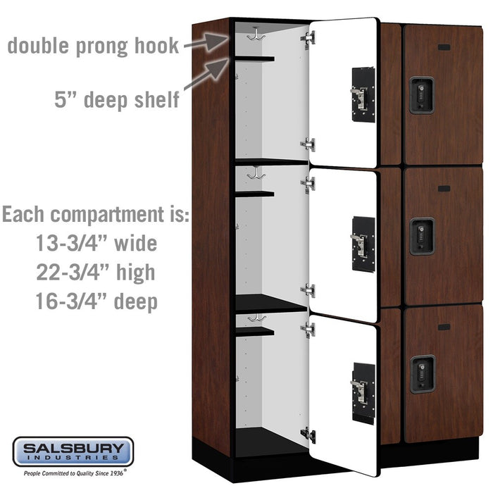 Salsbury 15" Wide Triple Tier Designer Wood Locker - 3 Wide - 6 Feet High - 18 Inches Deep - Mahogany - Black Resettable Combination Locks - Sweatfully