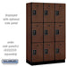 Salsbury 15" Wide Triple Tier Designer Wood Locker - 3 Wide - 6 Feet High - 18 Inches Deep - Mahogany - Black Resettable Combination Locks - Sweatfully