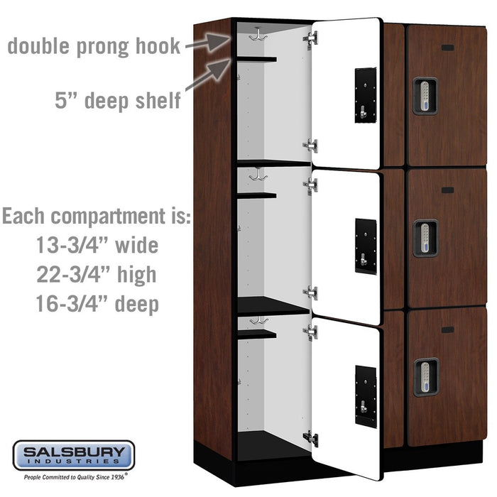 Salsbury 15" Wide Triple Tier Designer Wood Locker - 3 Wide - 6 Feet High - 18 Inches Deep - Mahogany - Silver Electronic Locks - Sweatfully