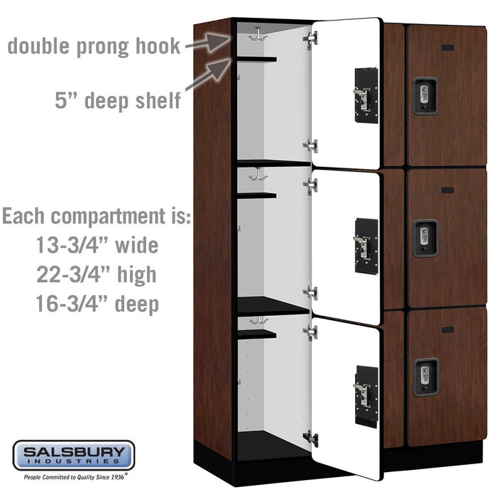 Salsbury 15" Wide Triple Tier Designer Wood Locker - 3 Wide - 6 Feet High - 18 Inches Deep - Mahogany - Silver Resettable Combination Locks - Sweatfully