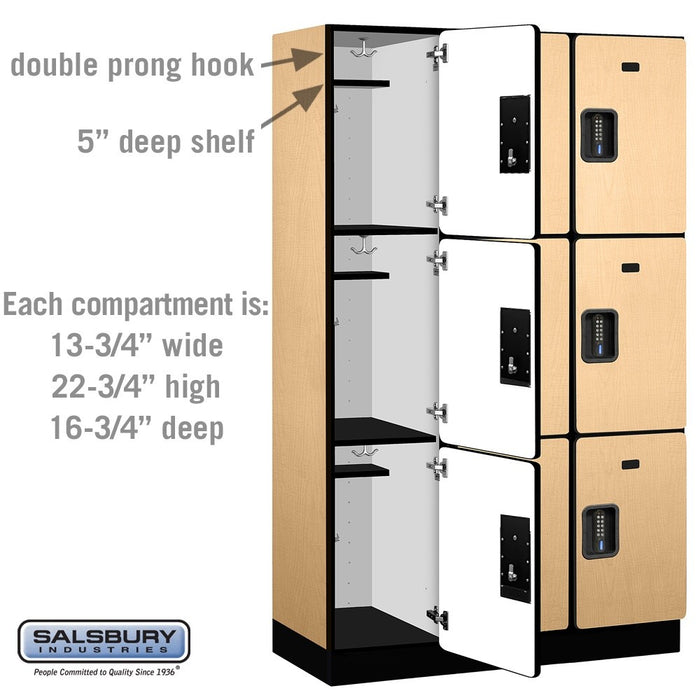 Salsbury 15" Wide Triple Tier Designer Wood Locker - 3 Wide - 6 Feet High - 18 Inches Deep - Maple - Black Electronic Locks - Sweatfully
