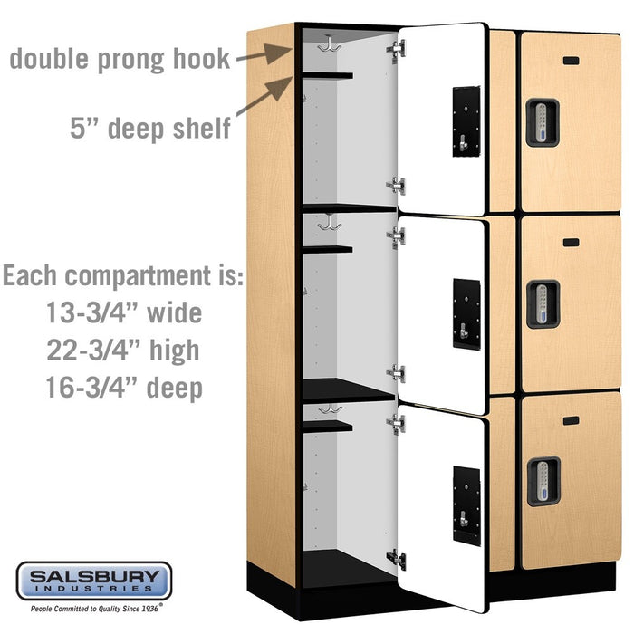 Salsbury 15" Wide Triple Tier Designer Wood Locker - 3 Wide - 6 Feet High - 18 Inches Deep - Maple - Silver Electronic Locks - Sweatfully