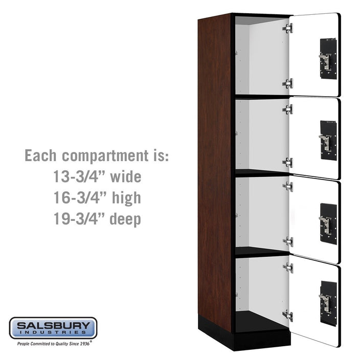 Salsbury 15" Wide Four Tier Designer Wood Locker - 1 Wide - 6 Feet High - 21 Inches Deep - Mahogany - Black Resettable Combination Locks - Sweatfully