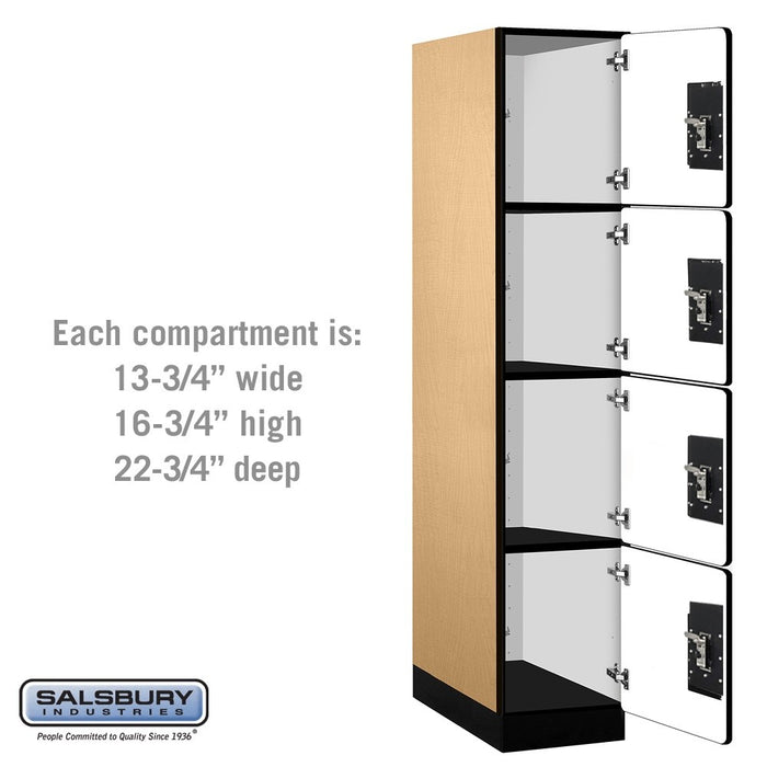 Salsbury 15" Wide Four Tier Designer Wood Locker - 1 Wide - 6 Feet High - 24 Inches Deep - Maple - Black Resettable Combination Locks - Sweatfully