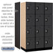 Salsbury 15" Wide Four Tier Designer Wood Locker - 3 Wide - 6 Feet High - 21 Inches Deep - Black - Silver Resettable Combination Locks - Sweatfully