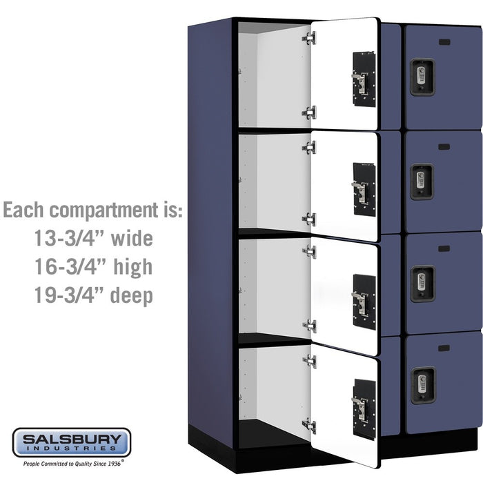 Salsbury 15" Wide Four Tier Designer Wood Locker - 3 Wide - 6 Feet High - 21 Inches Deep - Blue - Silver Resettable Combination Locks - Sweatfully
