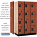 Salsbury 15" Wide Four Tier Designer Wood Locker - 3 Wide - 6 Feet High - 21 Inches Deep - Cherry - Black Resettable Combination Locks - Sweatfully