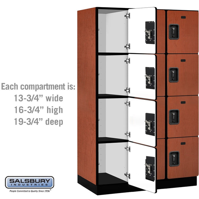 Salsbury 15" Wide Four Tier Designer Wood Locker - 3 Wide - 6 Feet High - 21 Inches Deep - Cherry - Black Resettable Combination Locks - Sweatfully