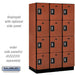 Salsbury 15" Wide Four Tier Designer Wood Locker - 3 Wide - 6 Feet High - 21 Inches Deep - Cherry - Silver Resettable Combination Locks - Sweatfully