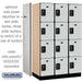 Salsbury 15" Wide Four Tier Designer Wood Locker - 3 Wide - 6 Feet High - 21 Inches Deep - Gray - Black Resettable Combination Locks - Sweatfully