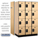 Salsbury 15" Wide Four Tier Designer Wood Locker - 3 Wide - 6 Feet High - 21 Inches Deep - Maple - Black Resettable Combination Locks - Sweatfully