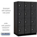Salsbury 15" Wide Four Tier Designer Wood Locker - 3 Wide - 6 Feet High - 24 Inches Deep - Black - Silver Resettable Combination Locks - Sweatfully