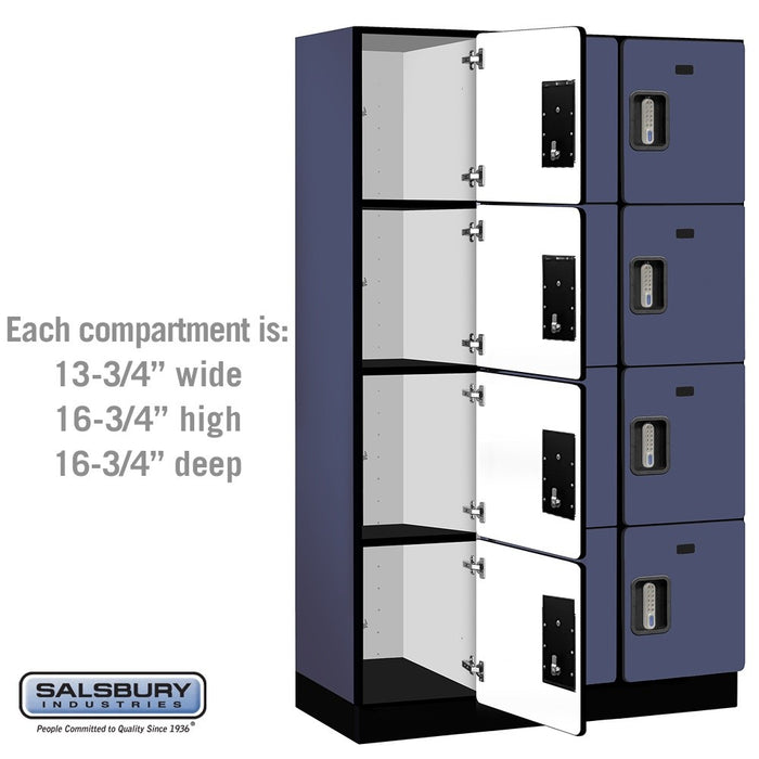 Salsbury 15" Wide Four Tier Designer Wood Locker - 3 Wide - 6 Feet High - 18 Inches Deep - Blue - Silver Electronic Locks - Sweatfully