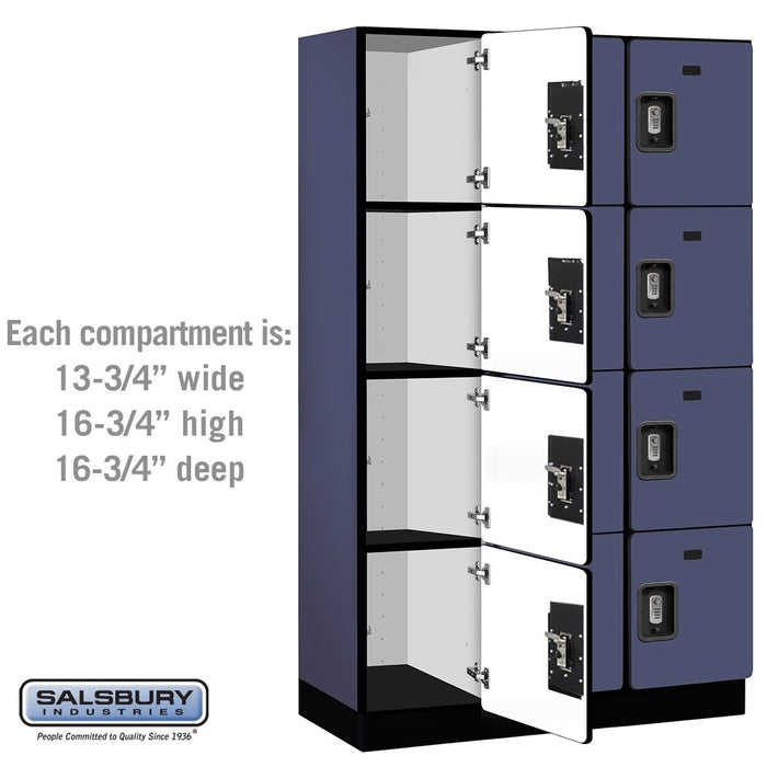 Salsbury 15" Wide Four Tier Designer Wood Locker - 3 Wide - 6 Feet High - 18 Inches Deep - Blue - Silver Resettable Combination Locks - Sweatfully