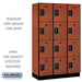 Salsbury 15" Wide Four Tier Designer Wood Locker - 3 Wide - 6 Feet High - 18 Inches Deep - Cherry - Black Resettable Combination Locks - Sweatfully