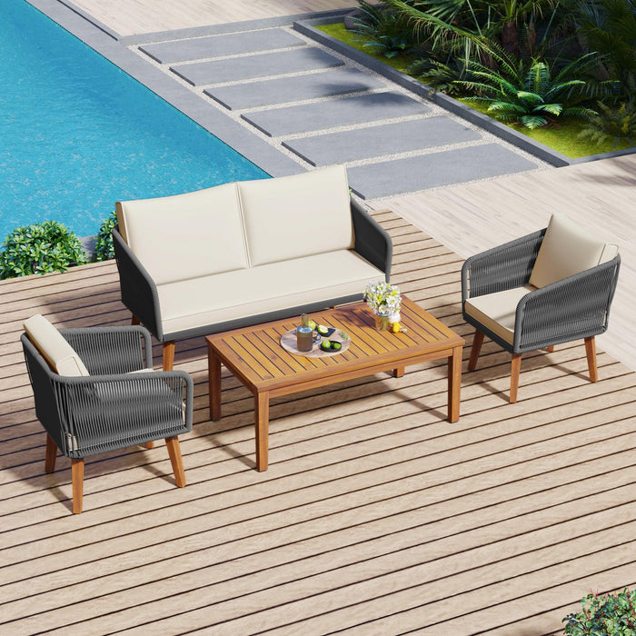 4 Pieces Outdoor Furniture Set with Loveseat, Patio Rope Conversation Set with Cushions for Backyard, Poolside, Garden - Sweatfully